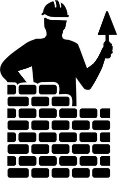 Bricklayer silhouette behind brick wall