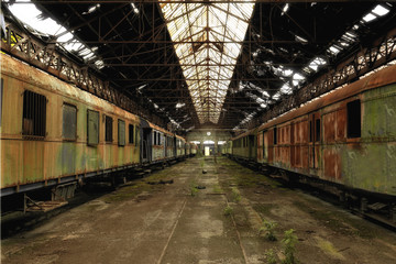 Fototapeta na wymiar Cargo trains in old train depot