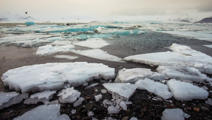Jokulsarlon glacier lagoon is a large glacial lake in southeast Iceland, on the edge of Vatnajokull National Park. 