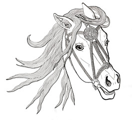 Hand drawn illustration horse head with ancient style bridle black and white © santagor