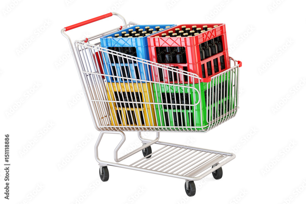 Poster shopping cart with crates beer, 3d rendering