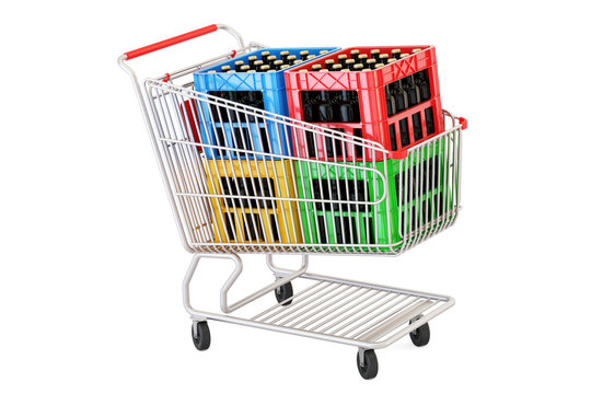 shopping cart with crates beer, 3D rendering