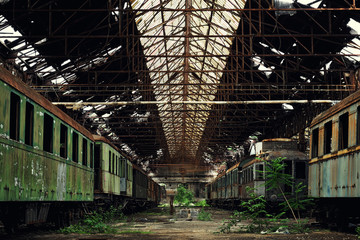 Obraz premium Cargo trains in old train depot