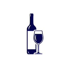 Wineglass and wine bottle icon isolated on white background