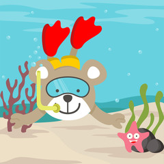 cute bear do sport diving underwater with starfish kids t shirt design