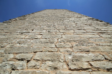 Unusual wide angle upward view of a castle keep