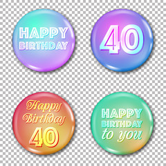 40th anniversary icons set. Happy birthday labels for greeting card or decoration. Jubilee 40 years old celebration. Glossy circle stickers with text