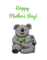 Happy Mother's Day! Cute little koala congratulates his mother with a couple of leaves in a shape of heart
