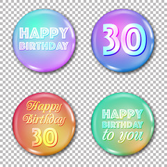 30th anniversary icons set. Happy birthday labels for greeting card or decoration. Jubilee 30 years old celebration. Glossy circle stickers with text
