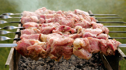 Funny timelapse of barbeque skewers with meat rotating and cooking on the grill outdoors with smoke. Closeup detailed shot.