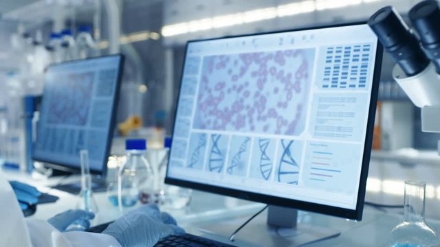 Senior Female Scientist Works On Computer in a Modern Laboratory. Her Colleagues are Working Beside Her. Shot on RED EPIC-W 8K Helium Cinema Camera.