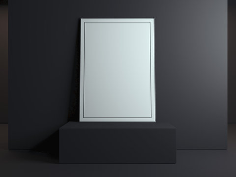 Blank picture frame on the black podium. 3d rendering