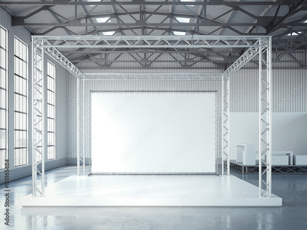 Poster empty stage with metal framework and blank billboard. 3d rendering