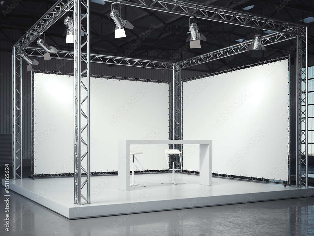 Poster empty stage with framework and lightspots. 3d rendering