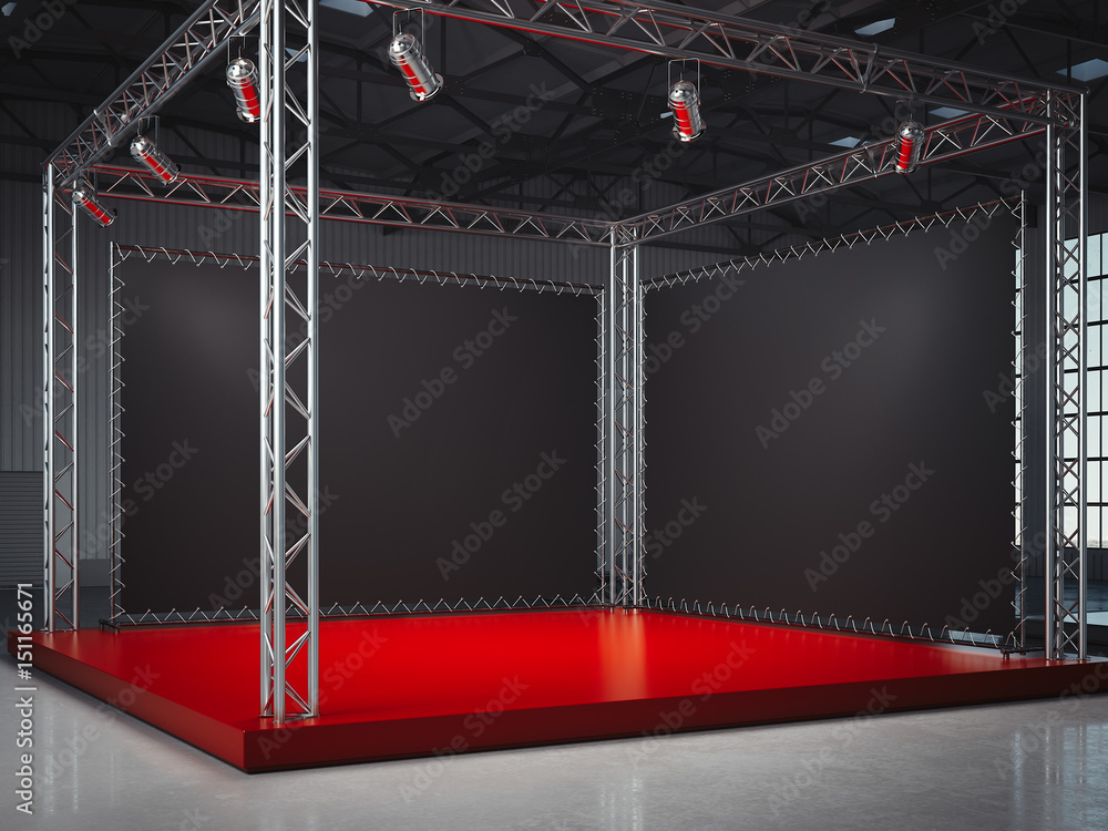 Poster empty red stage with framework, lightspots. 3d rendering