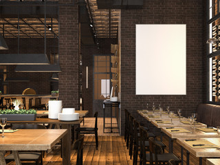 Interior of the restaurant with blank canvas. 3d rendering