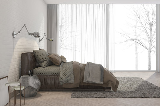 3d rendering minimal retro bedroom with winter and tree view