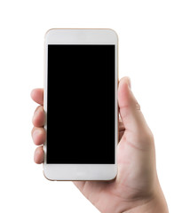 man use Isolated hand holding a phone with Smart phone white screen