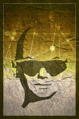 Portrait of beautiful woman in black sunglasses. Front view, Grunge concrete texture