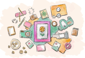 Drawn image of work table with objects