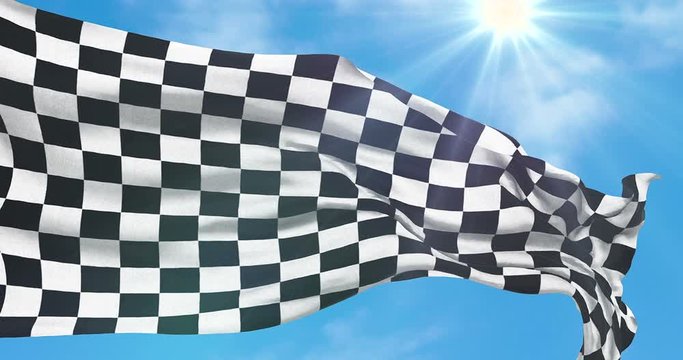 checkered flag, end race background, formula one competition waving on blue sky and sunlight