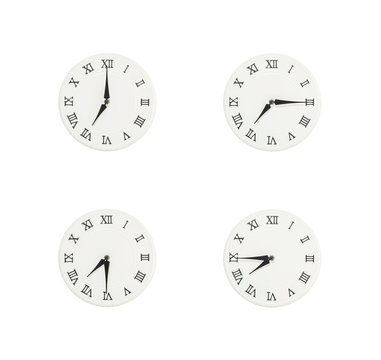 Closeup group of white clock with shadow for decorate show the time in 7 , 7:15 , 7:30 , 7:45 a.m. isolated on white background , beautiful 4 wall clock picture in different time