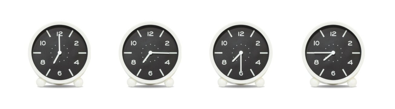 Closeup group of black and white clock with shadow for decorate show the time in 7 , 7:15 , 7:30 , 7:45 a.m. isolated on white background , beautiful 4 clock picture in different time
