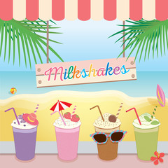 Illustration vector menu of milkshakes smoothies summer on beach background.