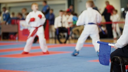 De-focused martial art competitions- karate - judge coaches looking at female teenager's karate fighting