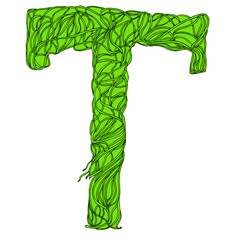  Vector green root alphabet. Herbal green letter T.
