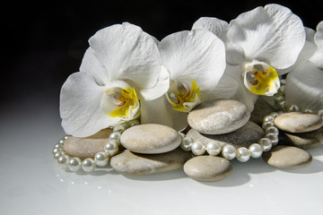 Obraz na płótnie Canvas flat stones on a white glass on the background of white orchids