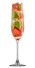 fresh fruit alcohol cocktail or mocktail in champagne glass with ice, strawberry and mint isolated on white background