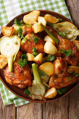 Moroccan chicken fried with fennel and potatoes close-up. Vertical top view