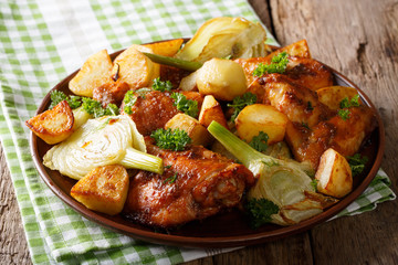 Moroccan chicken fried with fennel and potatoes close-up. horizontal