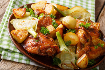 Tasty chicken fried with fennel and potatoes close-up. horizontal