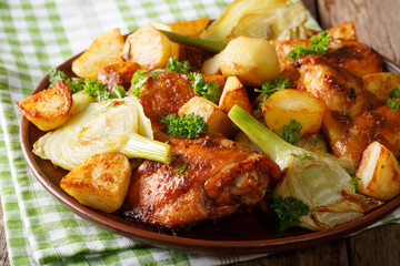 Moroccan food: pieces of chicken baked with fennel and potatoes close-up. horizontal