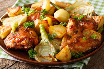 Chicken baked with fennel and potatoes close-up. horizontal