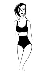 Beautiful girl in fashionable swimsuit with high waist bikini. Hand drawn sketch illustration on white background