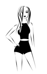 Beautiful girl dressed in top and high waisted shorts. Hand drawn sketch illustration on white background