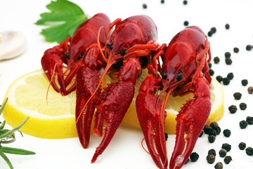 tasty boiled crawfish closeup on table, seafood dinner