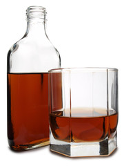 Glass with brandy and cognac on white background