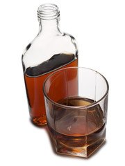Glass with brandy and cognac on white background
