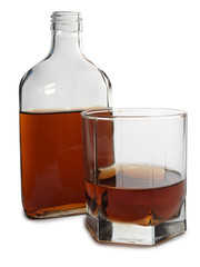 Glass with brandy and cognac on white background