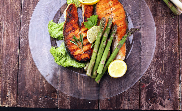 Grilled Salmon And Asparagus On Plate