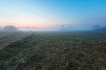 Early spring foggy meadow at sunrise