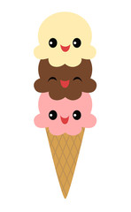 Three smiling scoops of ice cream on an ice cream cone