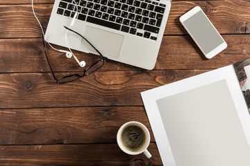 Freelance working environment view of wooden Desk