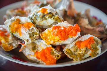 Boiled crab fresh and hot - delicious appetizer.Steamed crabs and crab's spawn with seafood spicy sauce.Thai seafood, steamed crab showing the delicious crab's eggs inside its shell