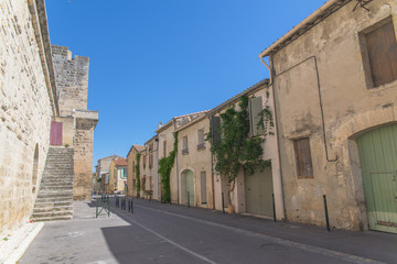Aigues-Mortes, old city in Camargue, street near the castle