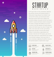 Rocket launch. Concept of start up business. Vector illustration with place for text and icons of donation and investment.